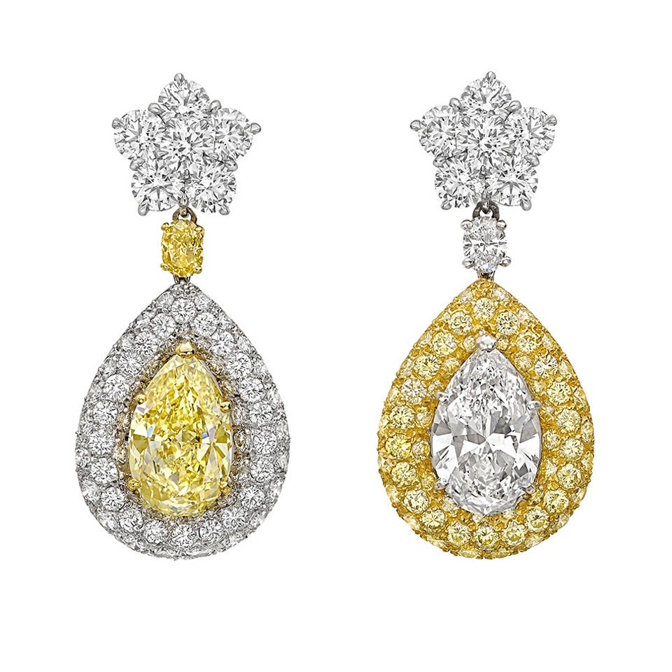 Fancy Yellow White Diamond Reverse Design Pendant Earrings
