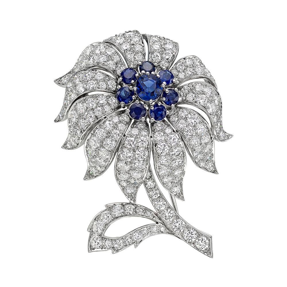 Tiffany & Co. Sapphire Diamond Platinum Flower Brooch