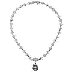 Diamond Gold Flower Cluster Necklace with Tahitian Pearl Drop