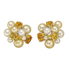 Seaman Schepps ​Pearl Citrine Yellow Sapphire Gold "Bubble" Earclips