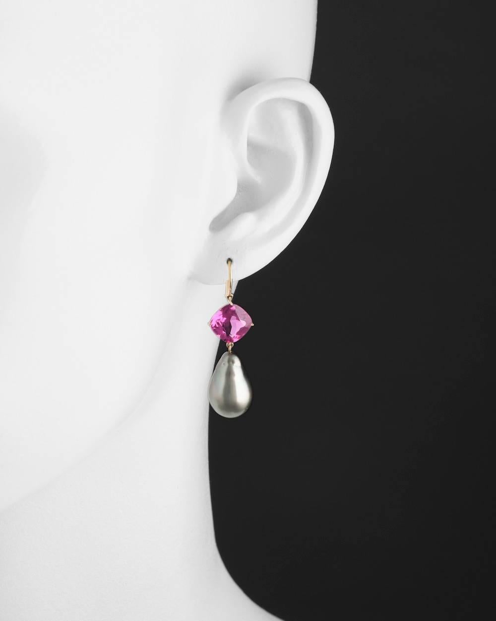 Frenchwire drop earrings, with a gray baroque cultured pearl drop suspended from a cushion-shaped pink tourmaline, in 18k pink gold. Baroque pearl measuring approximately 18 x 12mm and pink tourmaline measuring approximately 11mm in diameter. 1.65