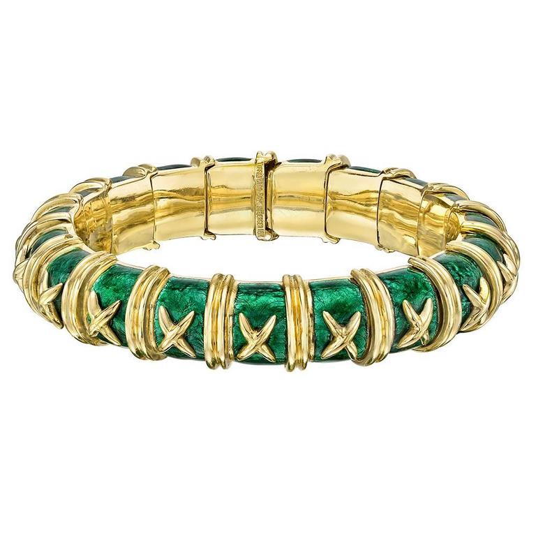 Tiffany And Co Schlumberger Green Enamel Gold Croisillon Circular Shaped Paillonné Enamel