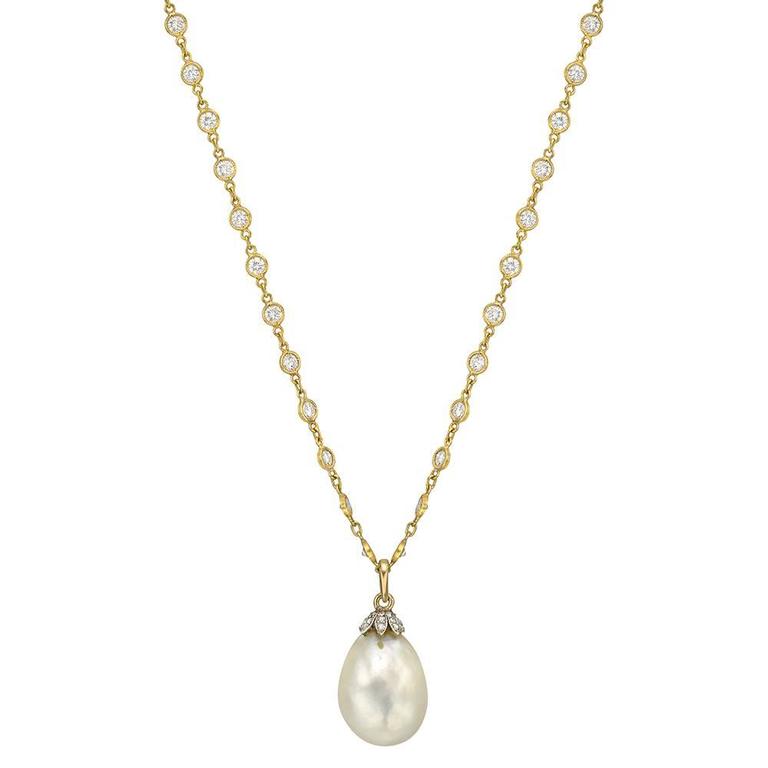 Natural Pearl Diamond Gold Platinum Pendant Necklace at 1stDibs