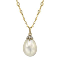Natural Pearl Diamond Gold Platinum Pendant Necklace