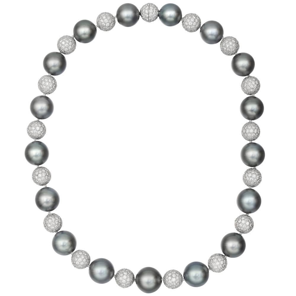 Betteridge Tahitian Pearl Pavé Diamond Ball Necklace