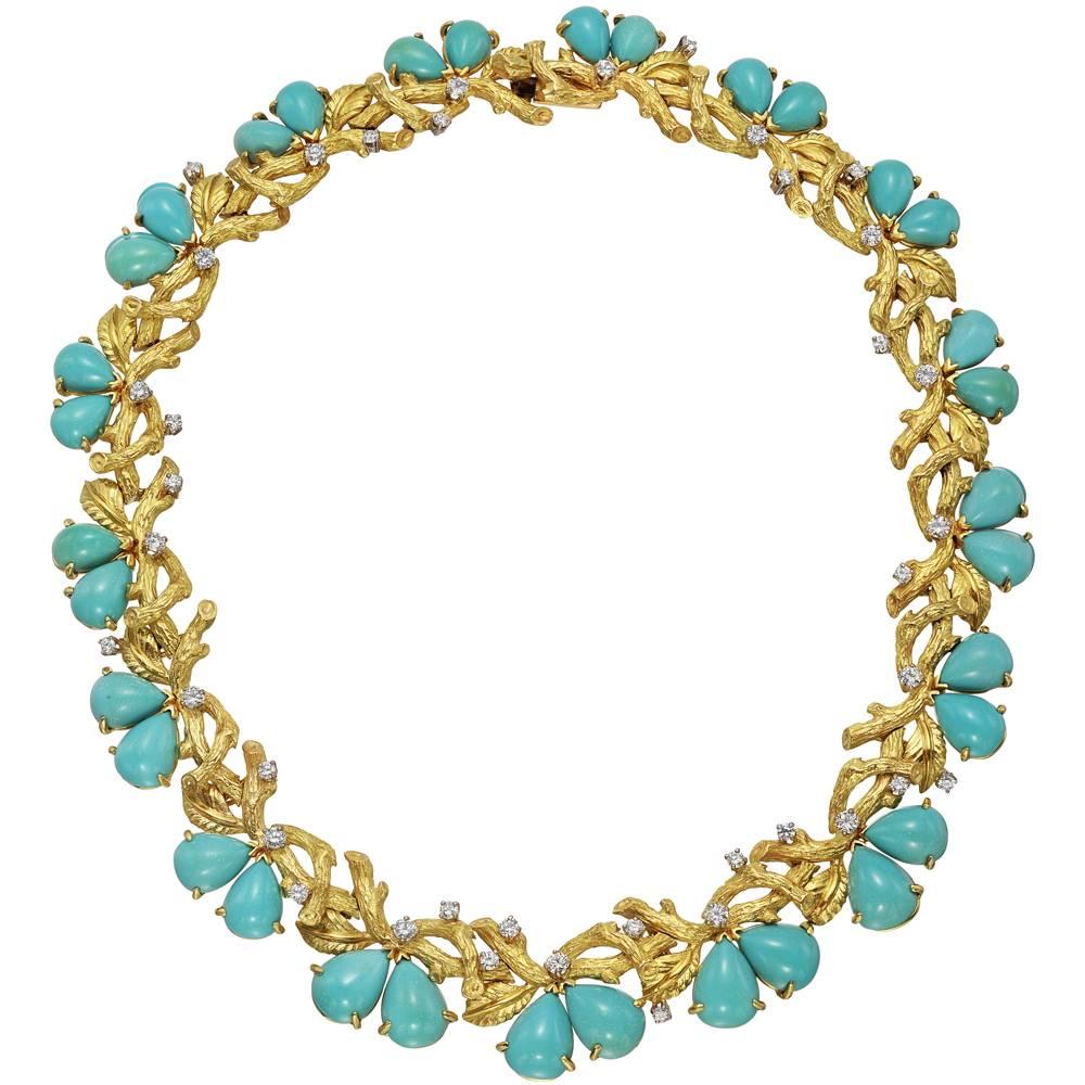Turquoise Diamond gold Braided Branch motif collar Necklace