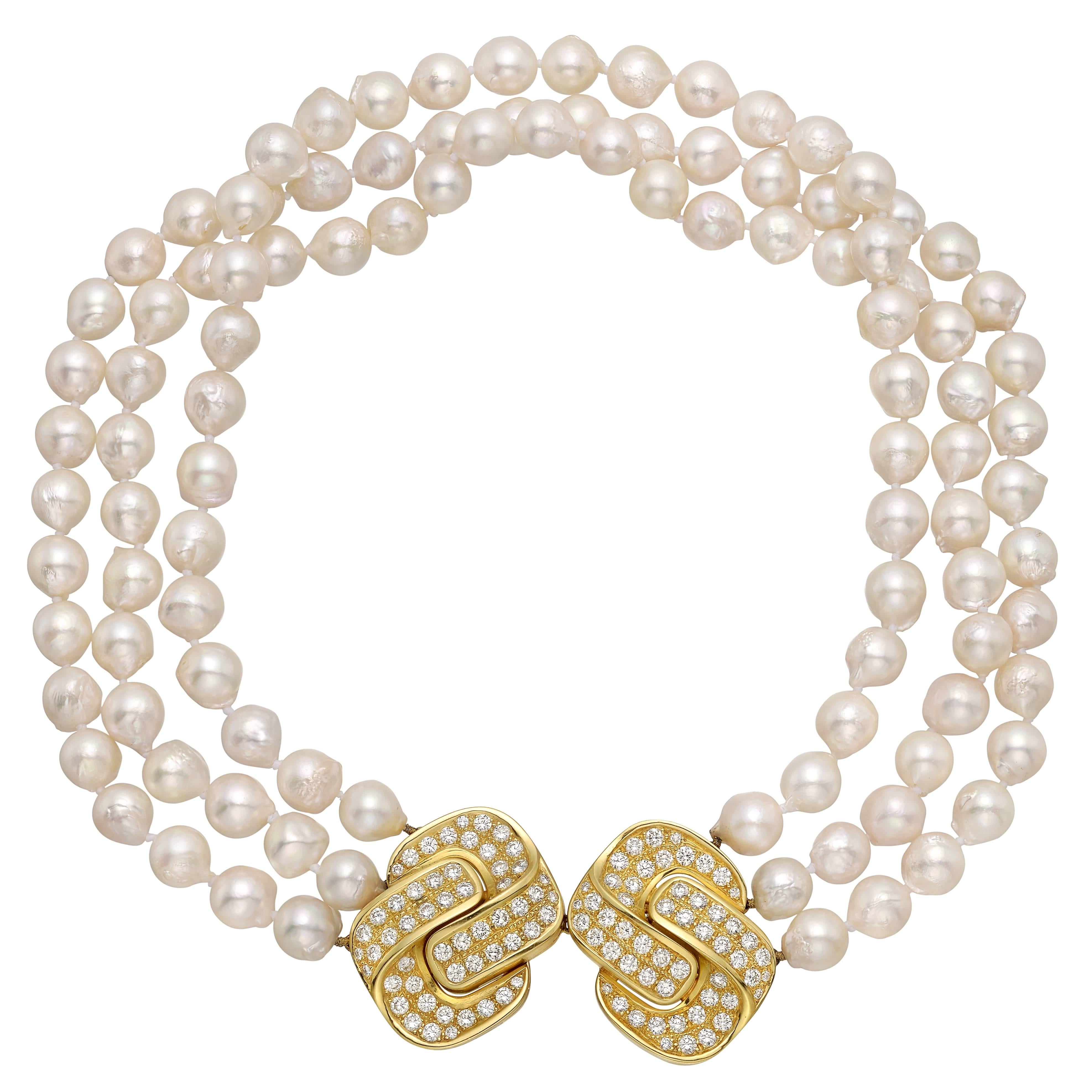 3-Strand Pearl Necklace with Diamond Gold Double Clasp