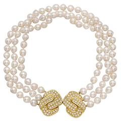 3-Strand Pearl Necklace with Diamond Gold Double Clasp 5
