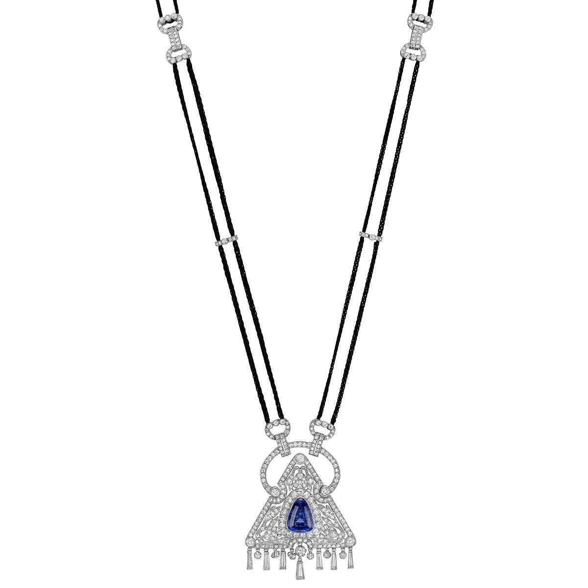 Triangular Sapphire and Diamond Pendant Necklace