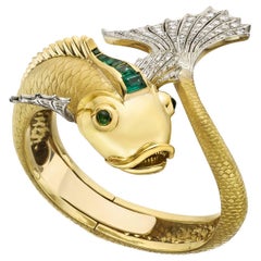 Emerald Diamond Gold Koi Fish Cuff Bracelet