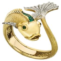 Emerald Diamond Gold Koi Fish Cuff Bracelet 12