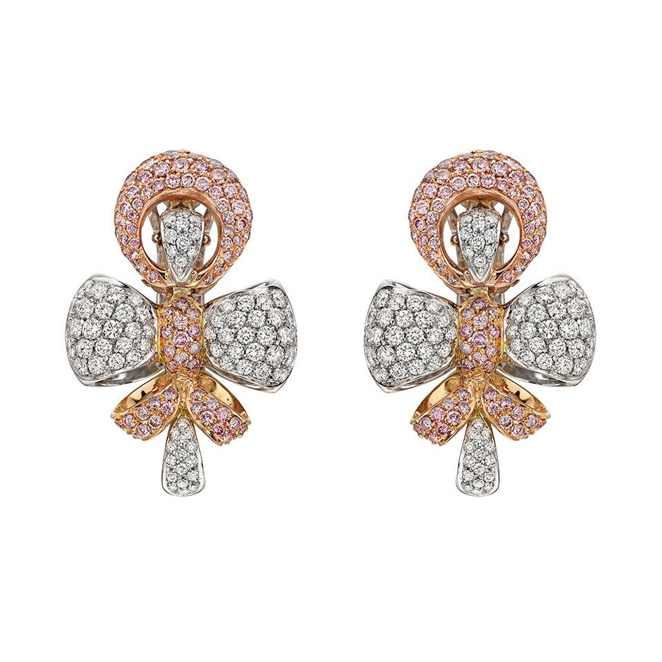 Boucheron Pink and White Diamond Gold Bow Earclips