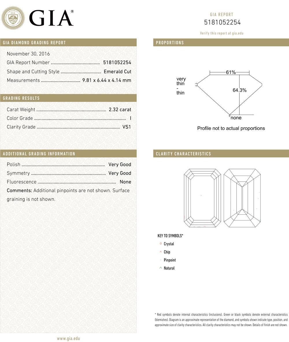 Women's GIA Report 2.32 carat Emerald-Cut Diamond Engagement Ring