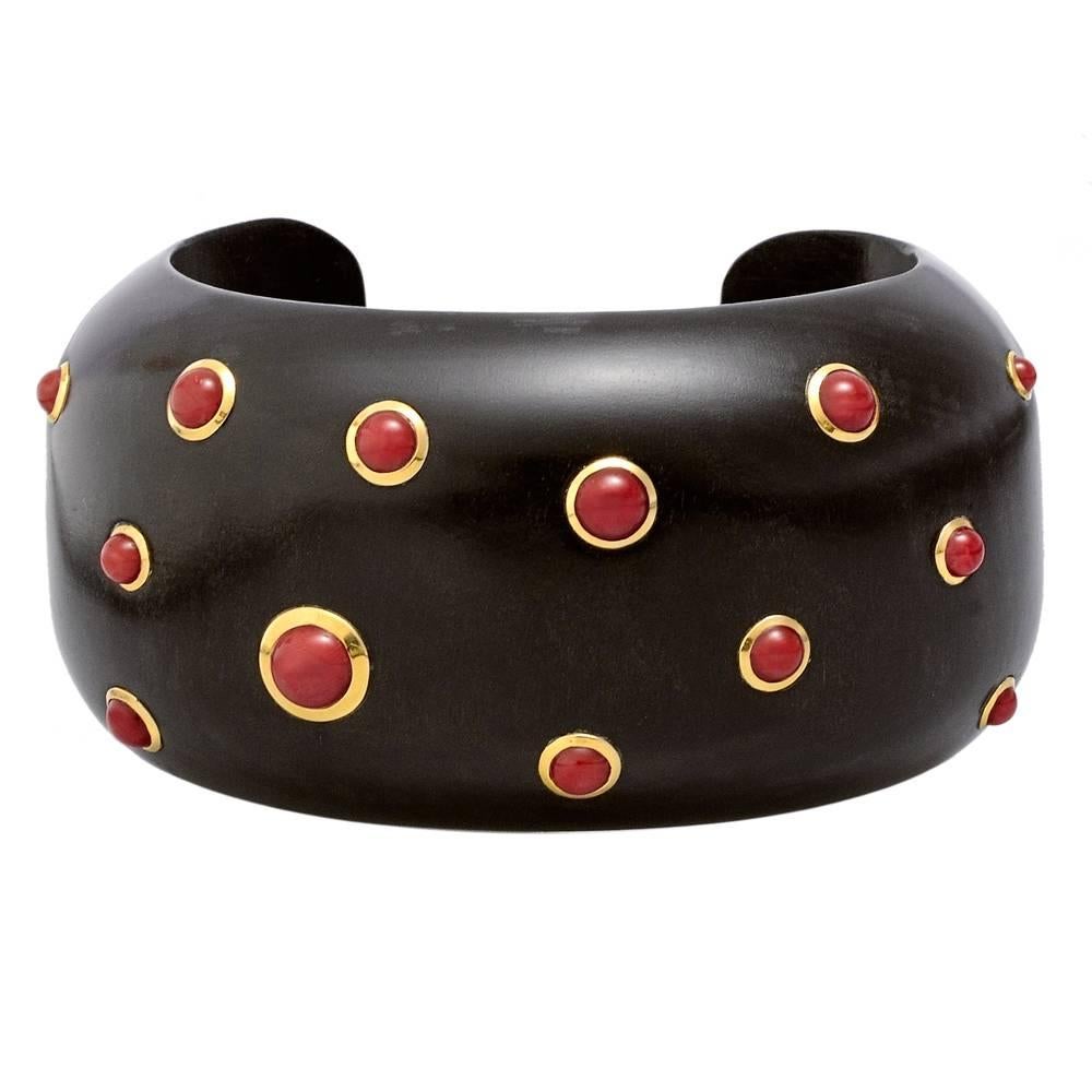 Trianon Ebony Wood Cuff with Cabochon Red Coral