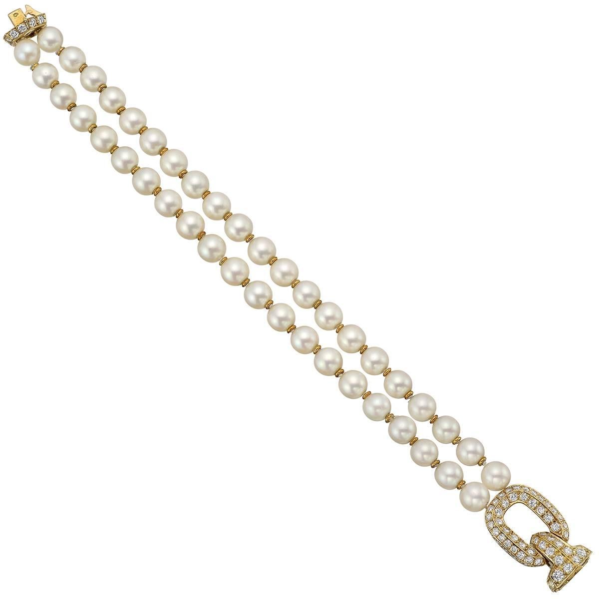 Cartier Two-Strand Pearl Bracelet with Diamond Buckle Clasp
