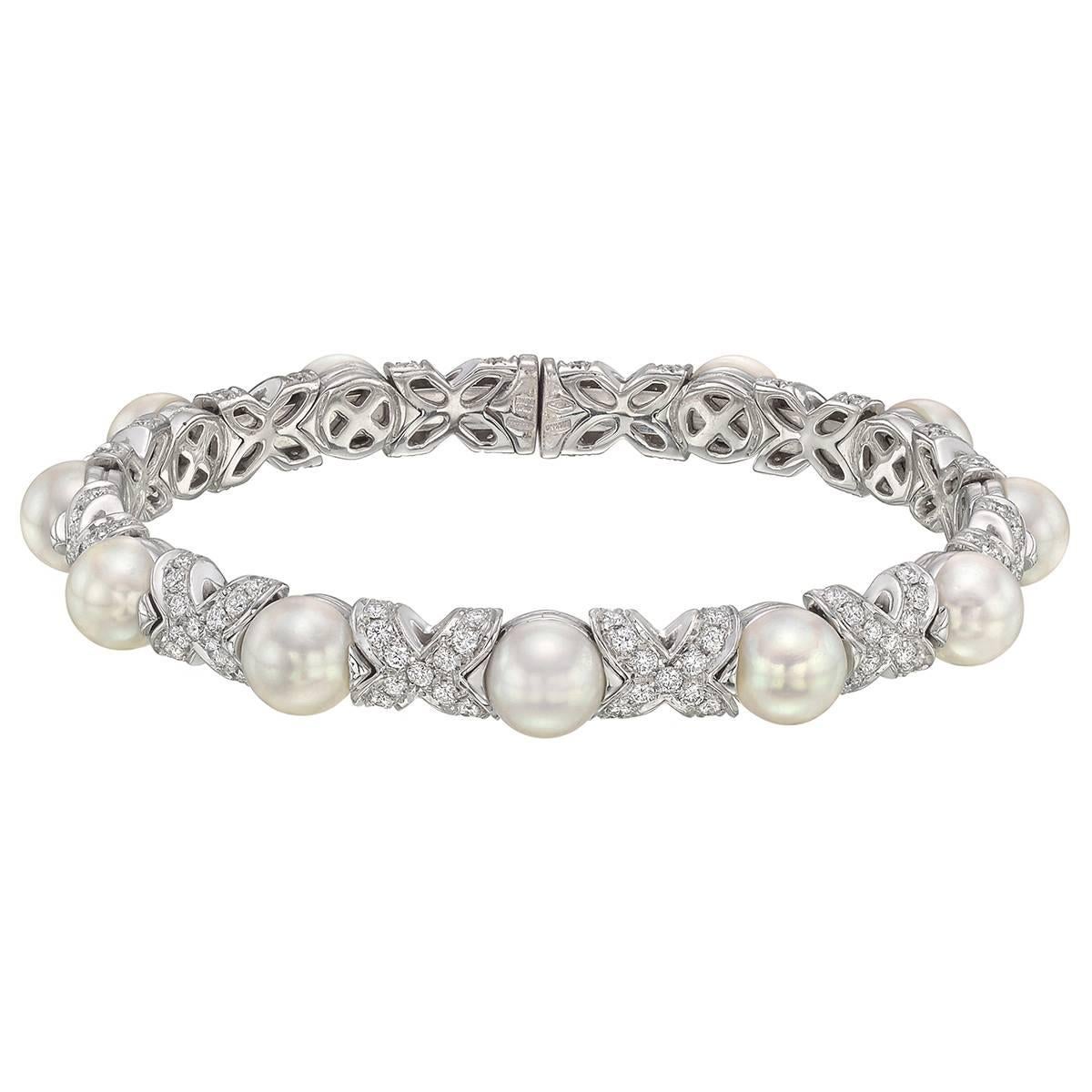 Bulgari Pearl Diamond "X" Cuff Bracelet