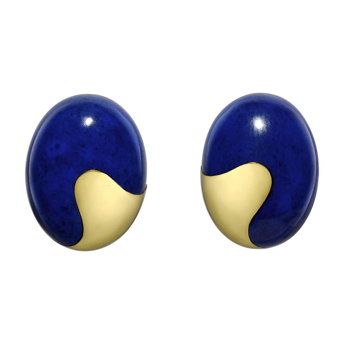 Tiffany & Co. Yellow Gold and Lapis Domed Earclips
