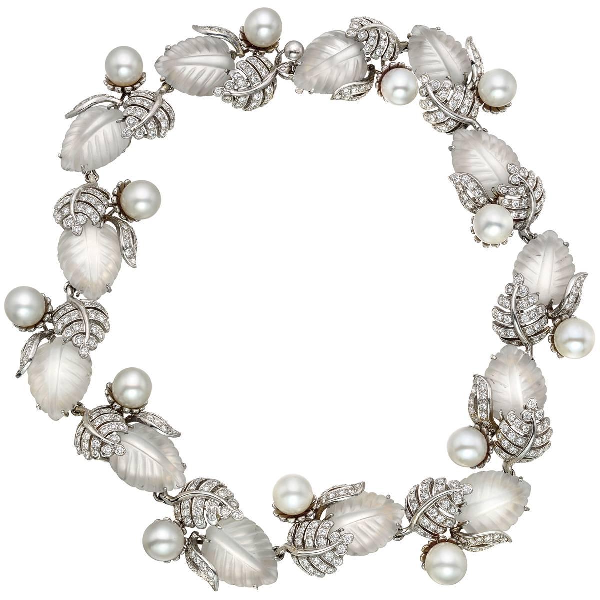 Valentin Magro Rock Crystal, Pearl Diamond Leaf Necklace