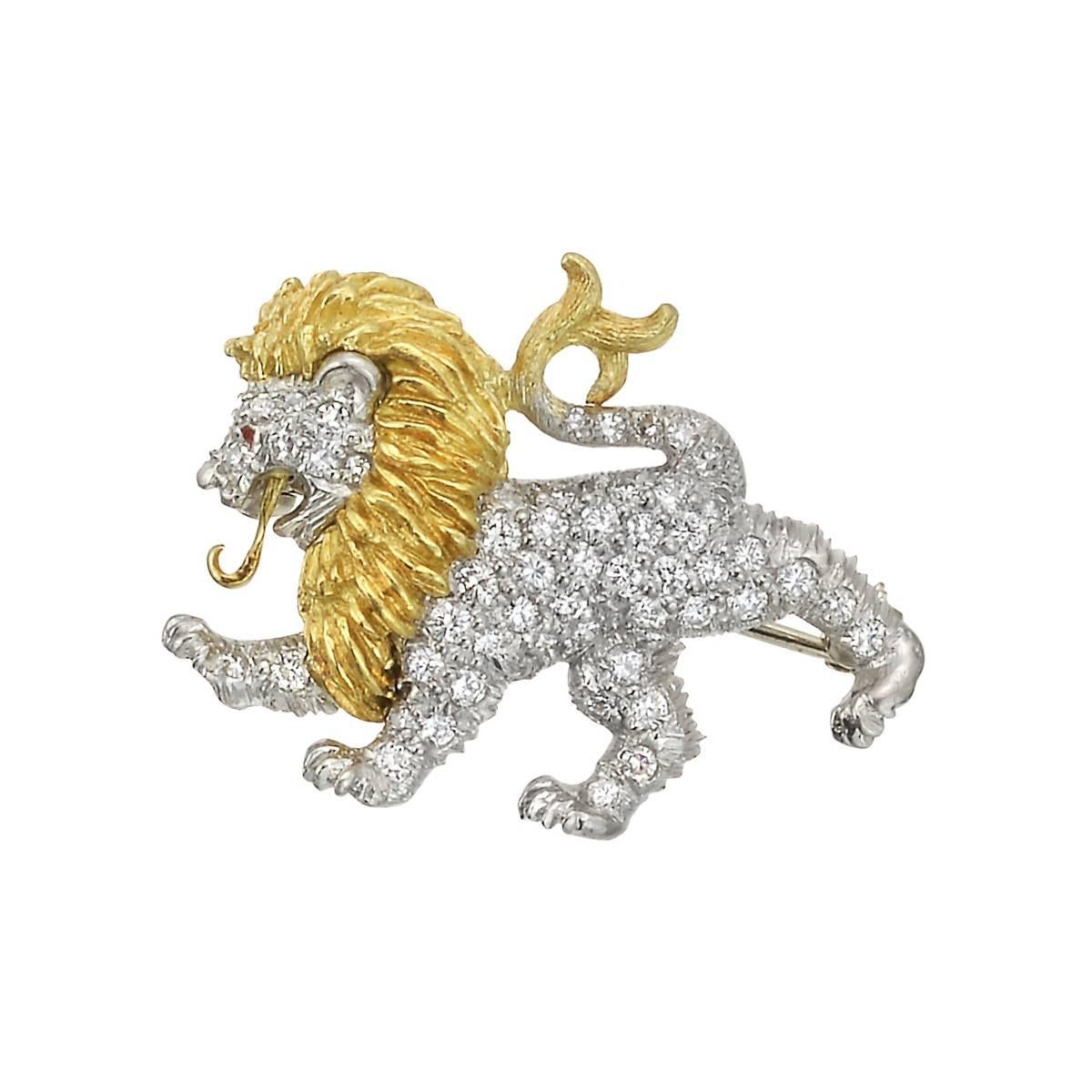 McTeigue Platinum Gold Diamond Lion Pendant Brooch