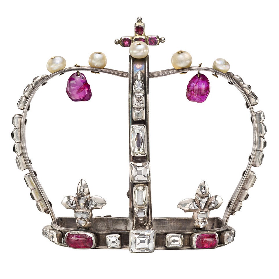 Antique Natural Pearl Ruby Diamond Silver Decorative Crown