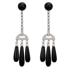 Onyx Pearl Diamond Gold Triple Drop Earrings