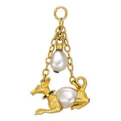 Antique Enamel Natural Pearl Gold Hound Pendant 9