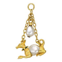 Antique Enamel Natural Pearl Gold Hound Pendant