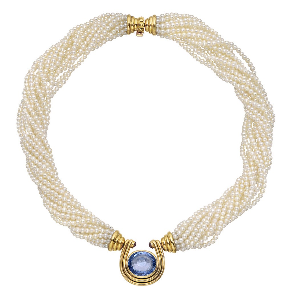 Bulgari Multistrand Pearl Sapphire Gold Necklace
