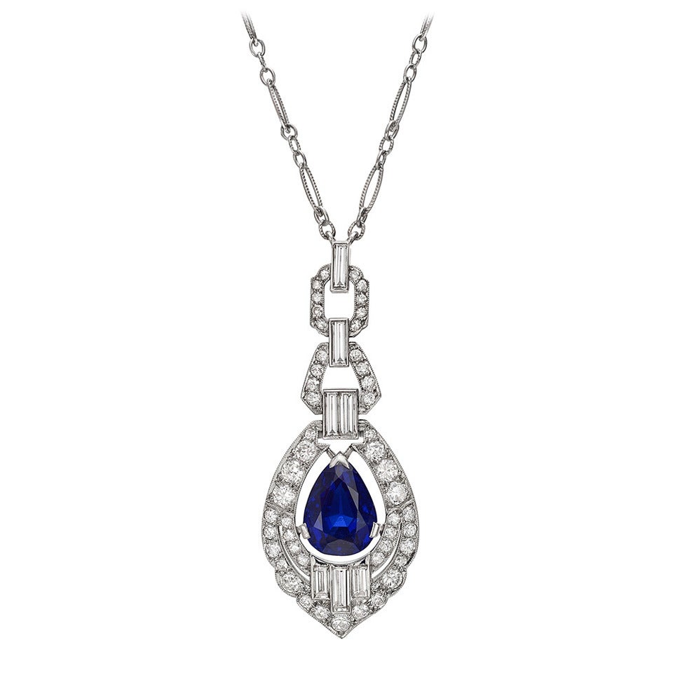 Art Deco Sapphire Diamond Gold Platinum Pendant Necklace