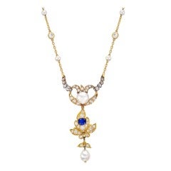Antique Natural Pearl, Sapphire & Diamond Pendant