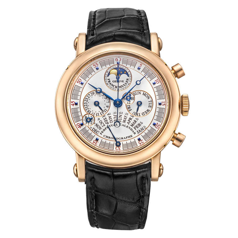 Franck Muller 18k rose gold perpetual calendar chronograph wristwatch, Ref. 7000 QPEDF, featuring the M. Caliber 7000 automatic movement, brushed silvered dial with blued-steel Breguet-style hands, perpetual calendar with day subsidiary dial
