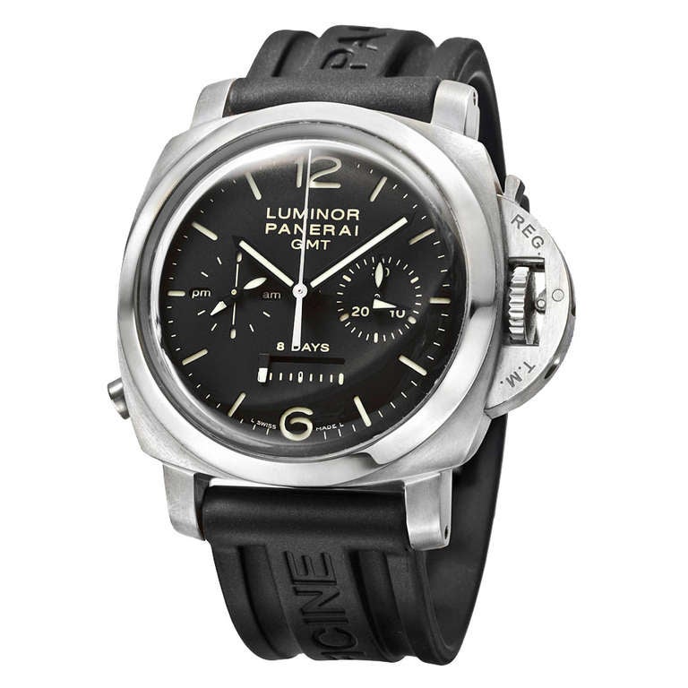 Panerai stainless steel Luminor GMT 1950 8-Days Chrono Monopulsante wristwatch, Ref. PAM 275, features the Panerai P.2004 caliber manual-wind movement with an approximate eight-day power reserve, black dial, single button chronograph activated by