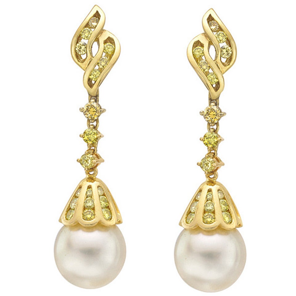 South Sea Pearl Diamond Gold Dangle Earrings at 1stdibs