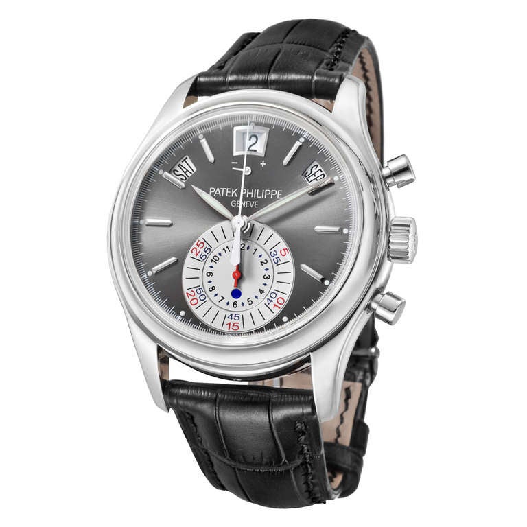 Patek Philippe platinum Annual Calendar chronograph wristwatch, Ref. 5960P, featuring the caliber CH 28-520 IRM QA 24H automatic movement, gray anthracite dial, Annual Calendar with day, date and month displayed in apertures across the top of the