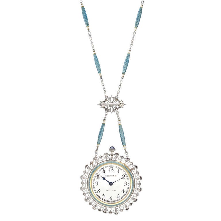 Edwardian Tiffany & Co. Yellow Gold, Platinum, Enamel and Diamond Pendant Watch on Chain