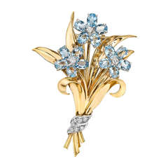 Tiffany & Co. ​Gold & Aquamarine 3-Flower Brooch