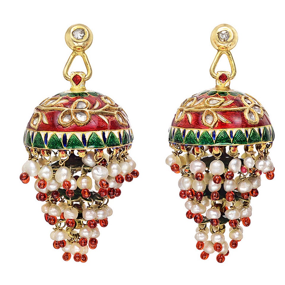 Indian Enamel Pearl Diamond Gold Cupola Earrings