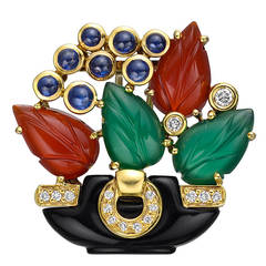 Cartier Multicolored Gemstone Gold Flower Pot Brooch