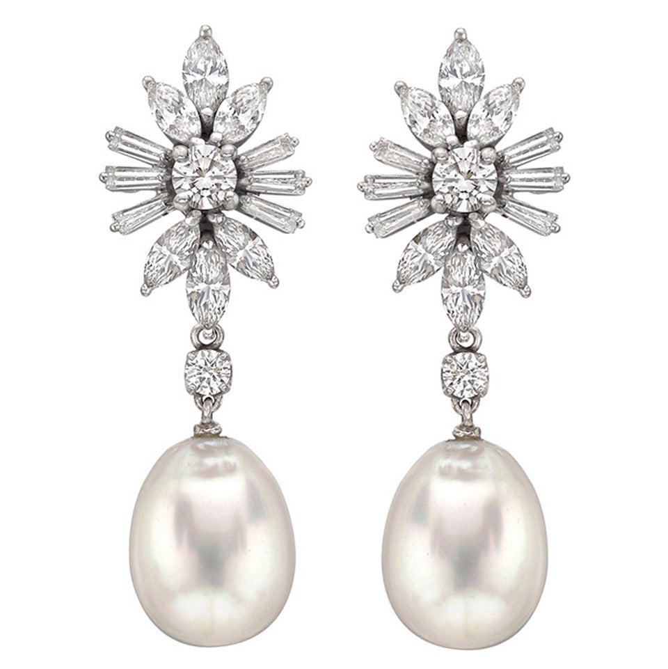 Pearl Diamond Platinum Cluster Pendant Earrings