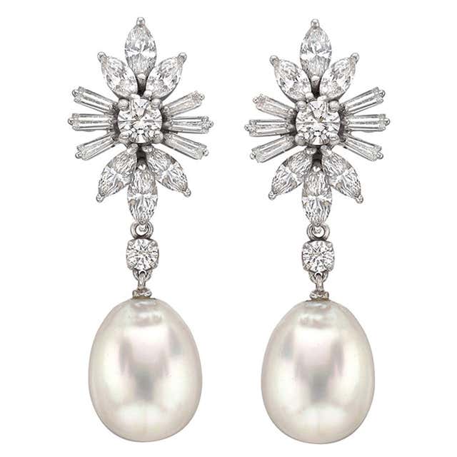 Pearl Diamond Platinum Cluster Pendant Earrings at 1stDibs
