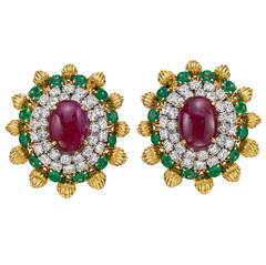 Ruby Emerald Diamond Gold Platinum Bombe Earrings