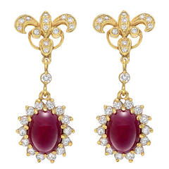 Cabochon Ruby Diamond Gold Pendant Earrings