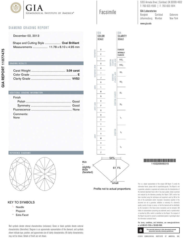Diamant-Verlobungsring, in der Mitte ein ovaler Diamant im Brillantschliff mit einem Gewicht von 3,09 Karat, mit zwei dreieckigen Brillantschultern mit einem Gesamtgewicht von ca. 1,00 Karat, in Platin gefasst, um 2004, Diamant nummeriert S00967,
