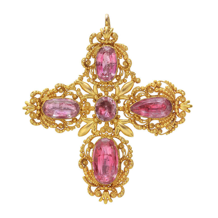 Antique Gold & Pink Topaz Cross Pendant