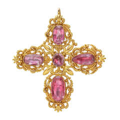 Antique Gold & Pink Topaz Cross Pendant