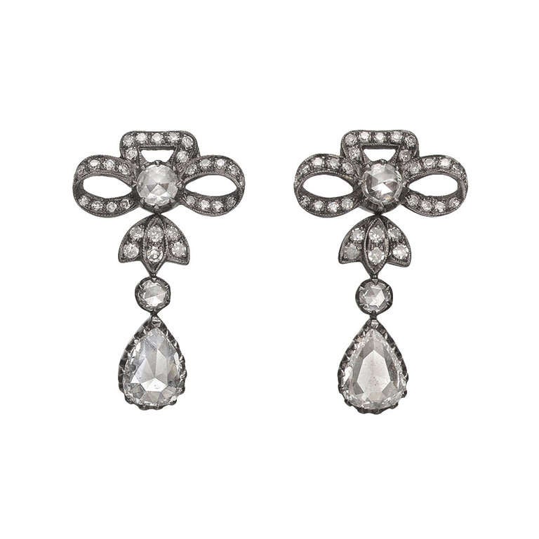 Rose-Cut Diamond Bow Drop Earrings