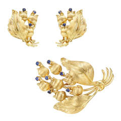Tiffany & Co. Gold & Sapphire Flower Earclips & Pin