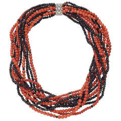 Coral & Black Spinel Bead Torsade Necklace