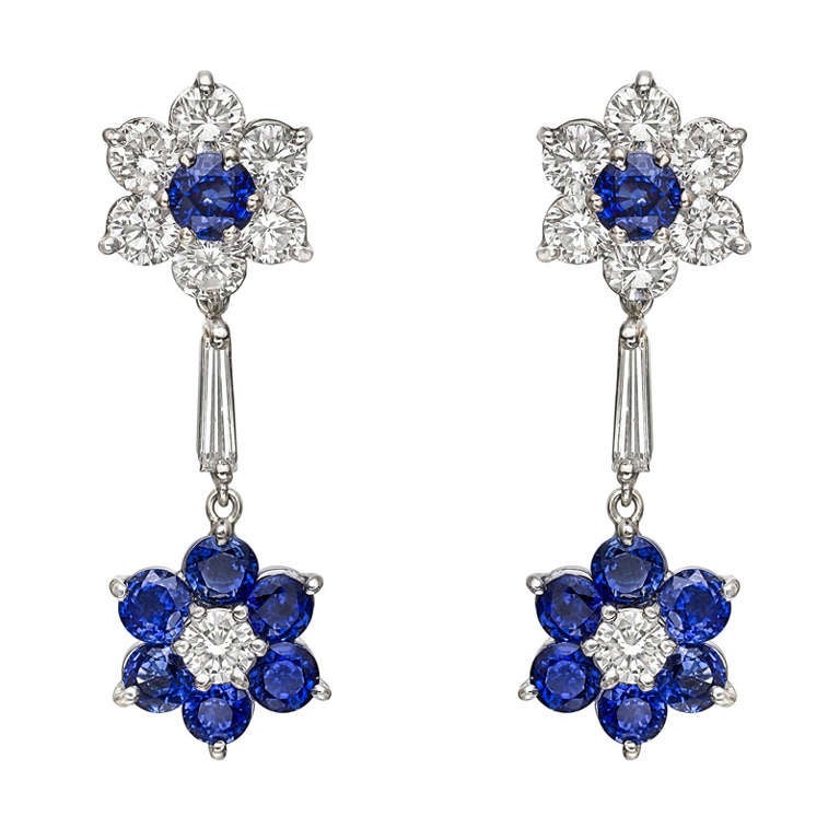Diamond and Sapphire Cluster Pendant Earrings at 1stDibs