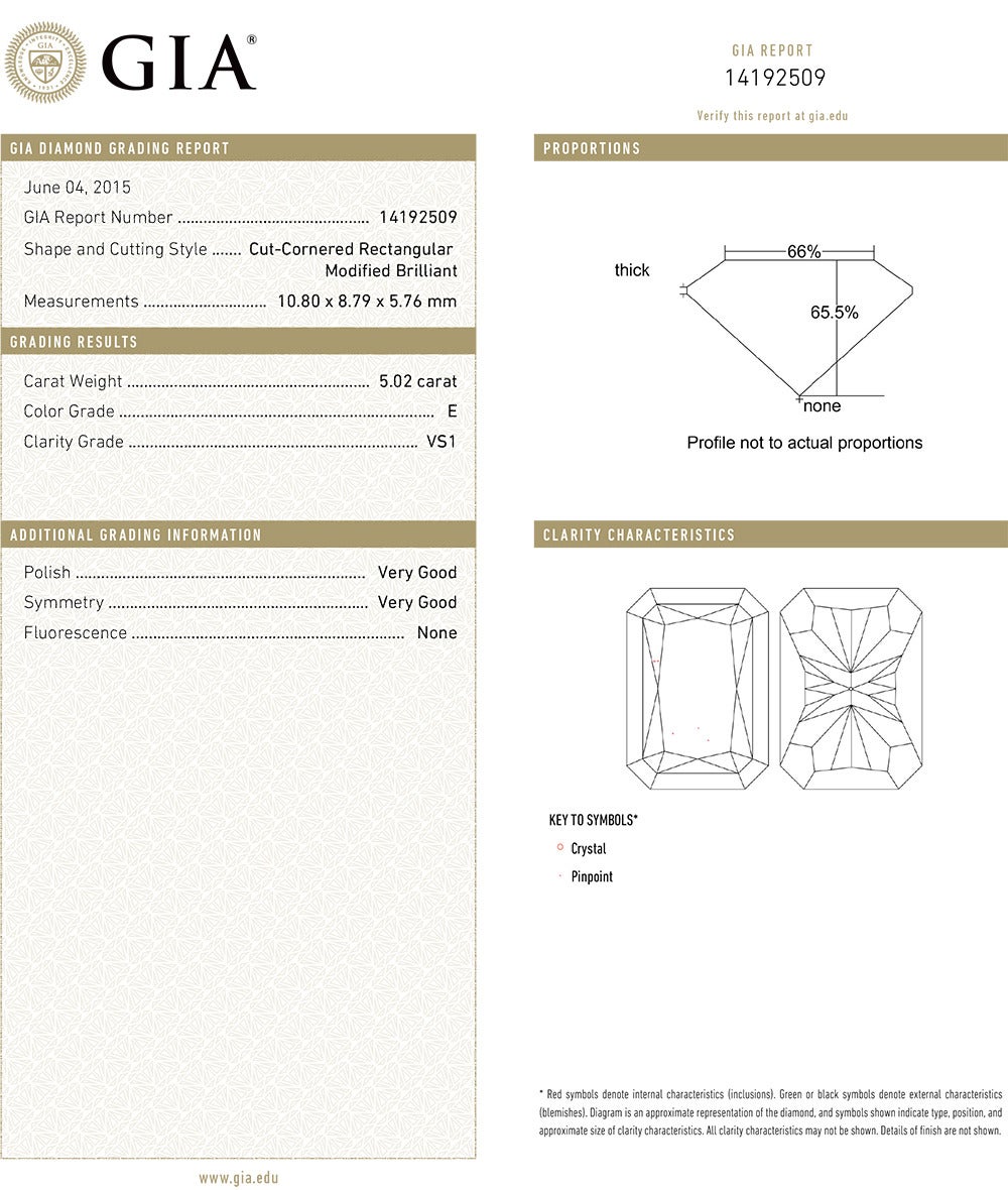 Diamond engagement ring, centering on a colorless radiant-cut diamond weighing 5.02 carats, with two colorless trillion-cut diamond shoulders weighing approximately 1.09 total carats, mounted in platinum, signed Graff. Accompanied by the GIA